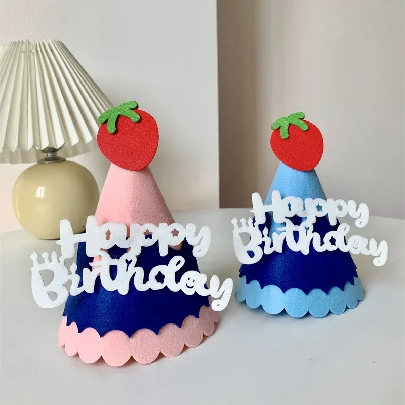 Happy Birthday Felt Hat Bowknot Cone Hats Flower Strawberry Cap Baby's DIY Handmade Crown Cute Party Supplies Adult Kids