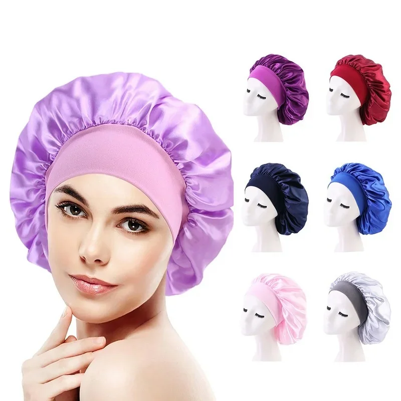 

Large Stretch Wide-brimmed Nightcap Simulated Silk Hair Care Cap Satin Shower Cap Beauty Salon Hat