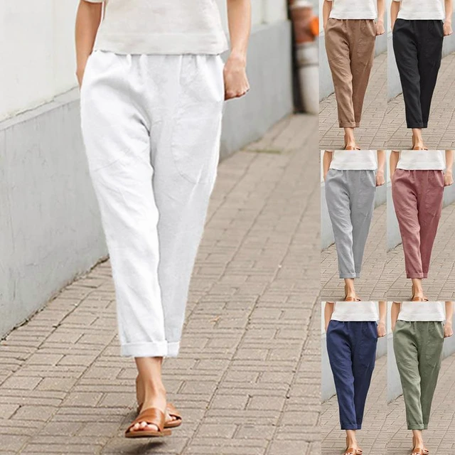 2023 New Cotton Linen Big Pocket Thin Women's Pants Solid Elastic