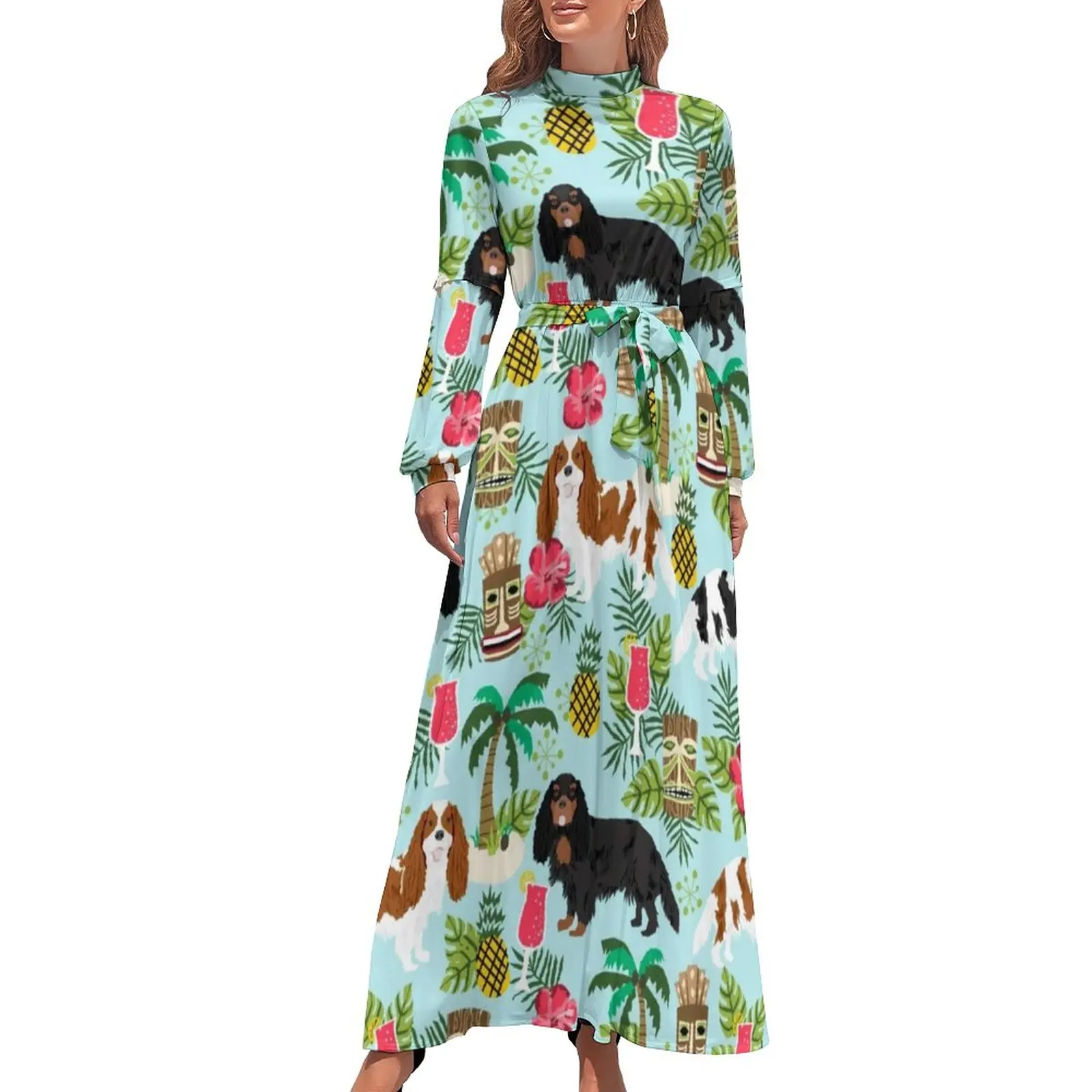 

Vacation Dog Dress Hawaii Tropical Island Sexy Custom Maxi Dress High Waist Long-Sleeve Streetwear Bohemia Long Dresses