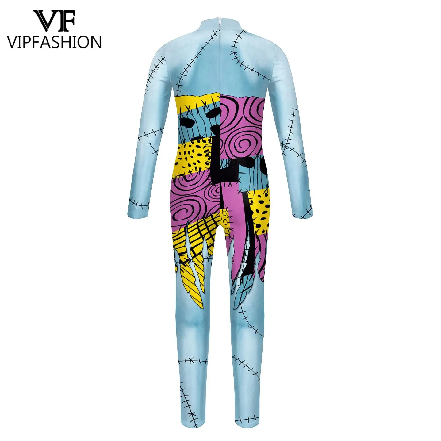VIP FASHION Kid Sally Halloween Costume Girl Patchwork Print Bodysuit Fancy Disguise Suit Carnival Party Clothes Zentai Catsuit