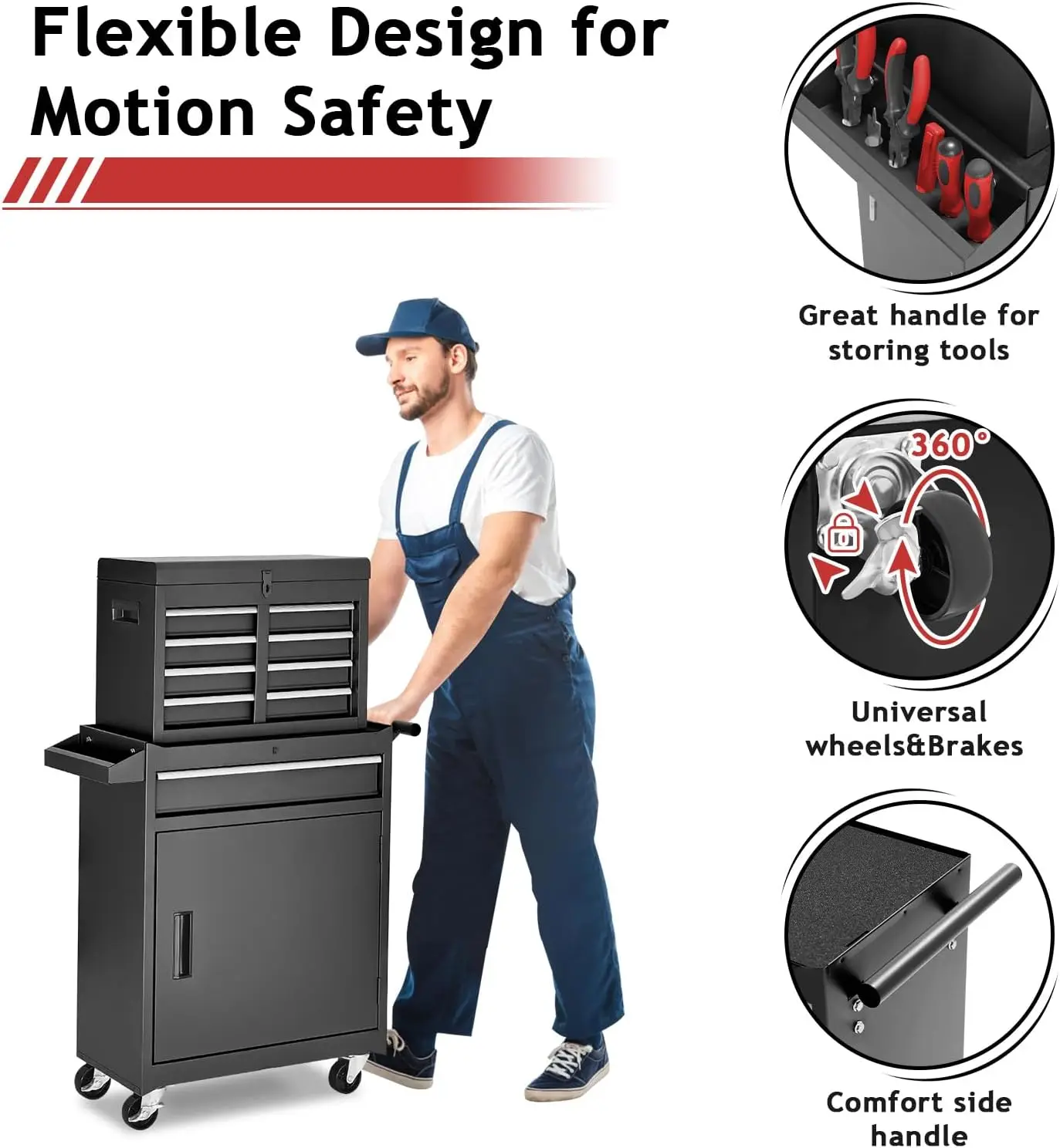 Chest,5-Drawer Rolling Tool Storage Cabinet with Enhanced Packaging, Detachable Top Tool Box, Metal Tool Cart for Garage Wo 6