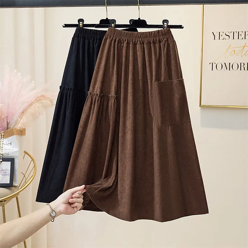 

Pleated Skirt Women Corduroy Long Pleated Solid Minimalist Lovely Autumn Ladies Leisure Popular Thickening All-match Skirts C126