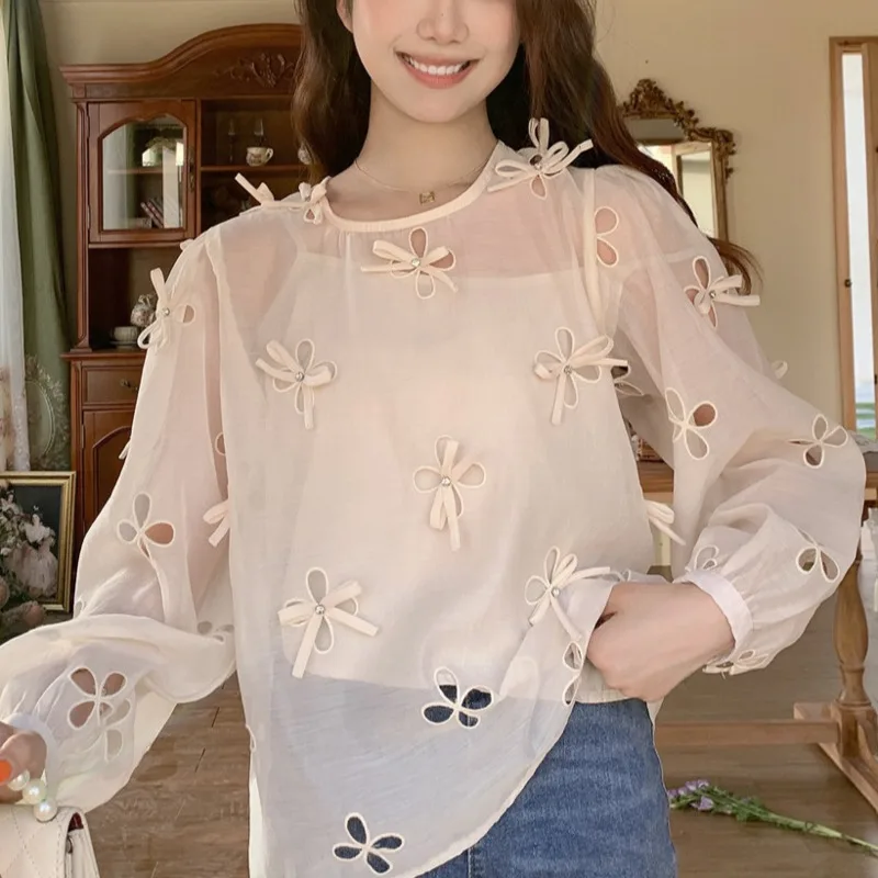 

Женский комплект из двух предметов, шифоновая рубашка и пуловер с объемным бантом и вырезами, в европейском и американском стиле, весна-лето 2024