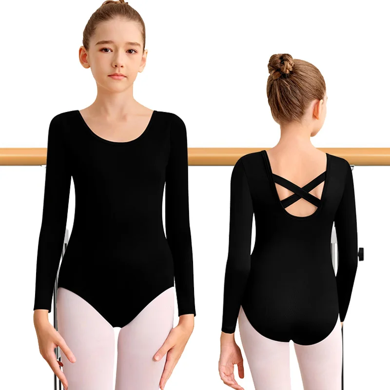ملابس رقص باليه أساسية بأكمام طويلة لفريق الفتيات للفتيات ملابس رقص الجمباز مع أشرطة متقاطعة وبطانة ناعمة