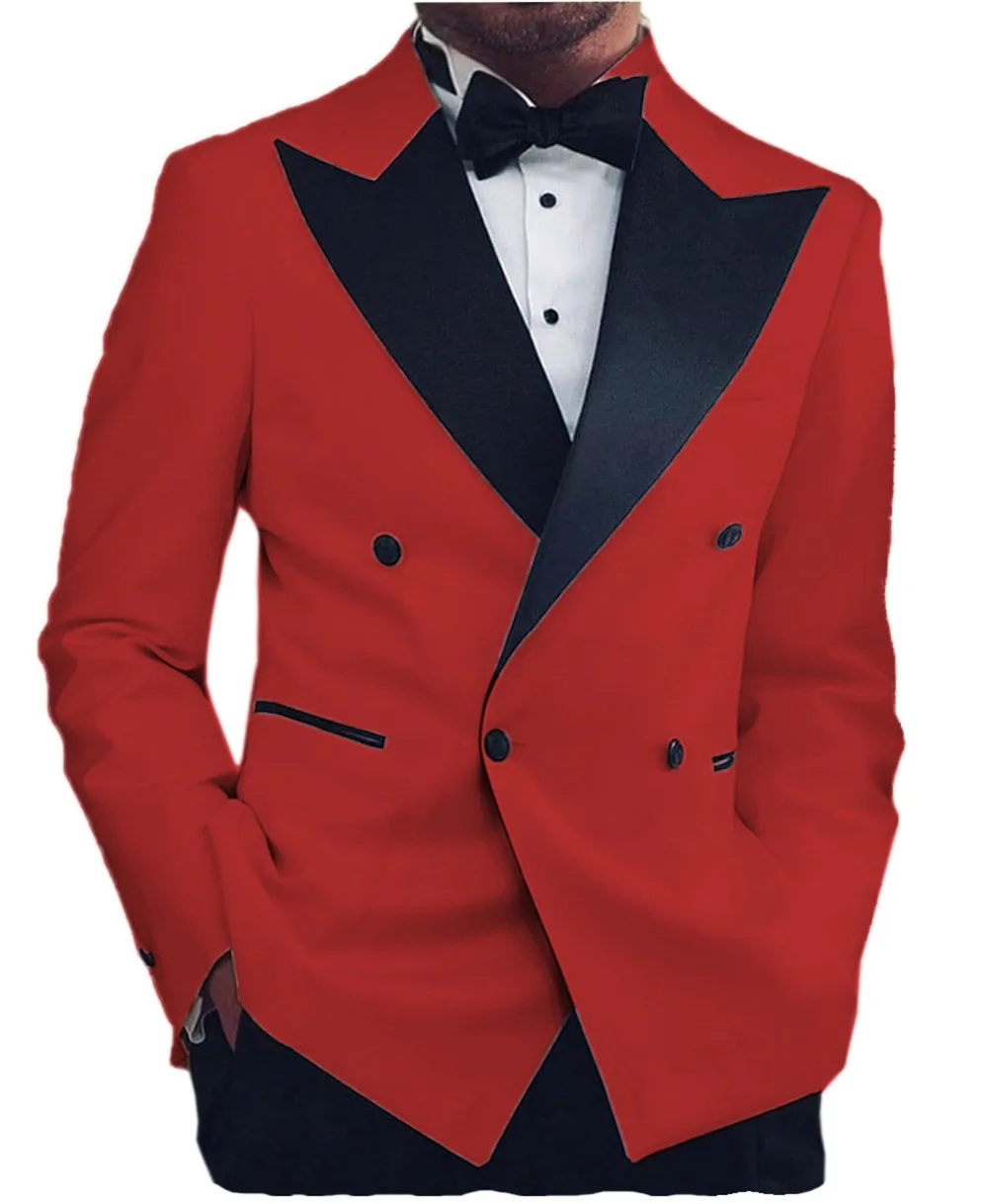 Casual Mens  Suits Peak Lapel Flat Blazer Double Breasted Groom Tuxedos Trousers For Wedding (Jacket+Pants)