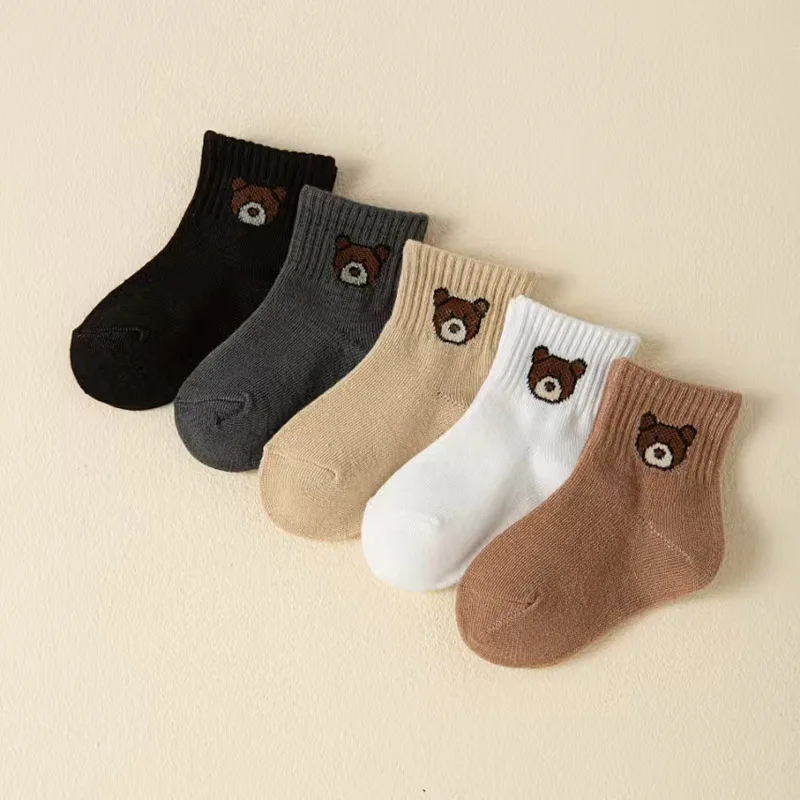 Kids Socks Cute Cartoon Bear Pattern Boys Girls Socks Comfortable for Toddler 5 Pairs