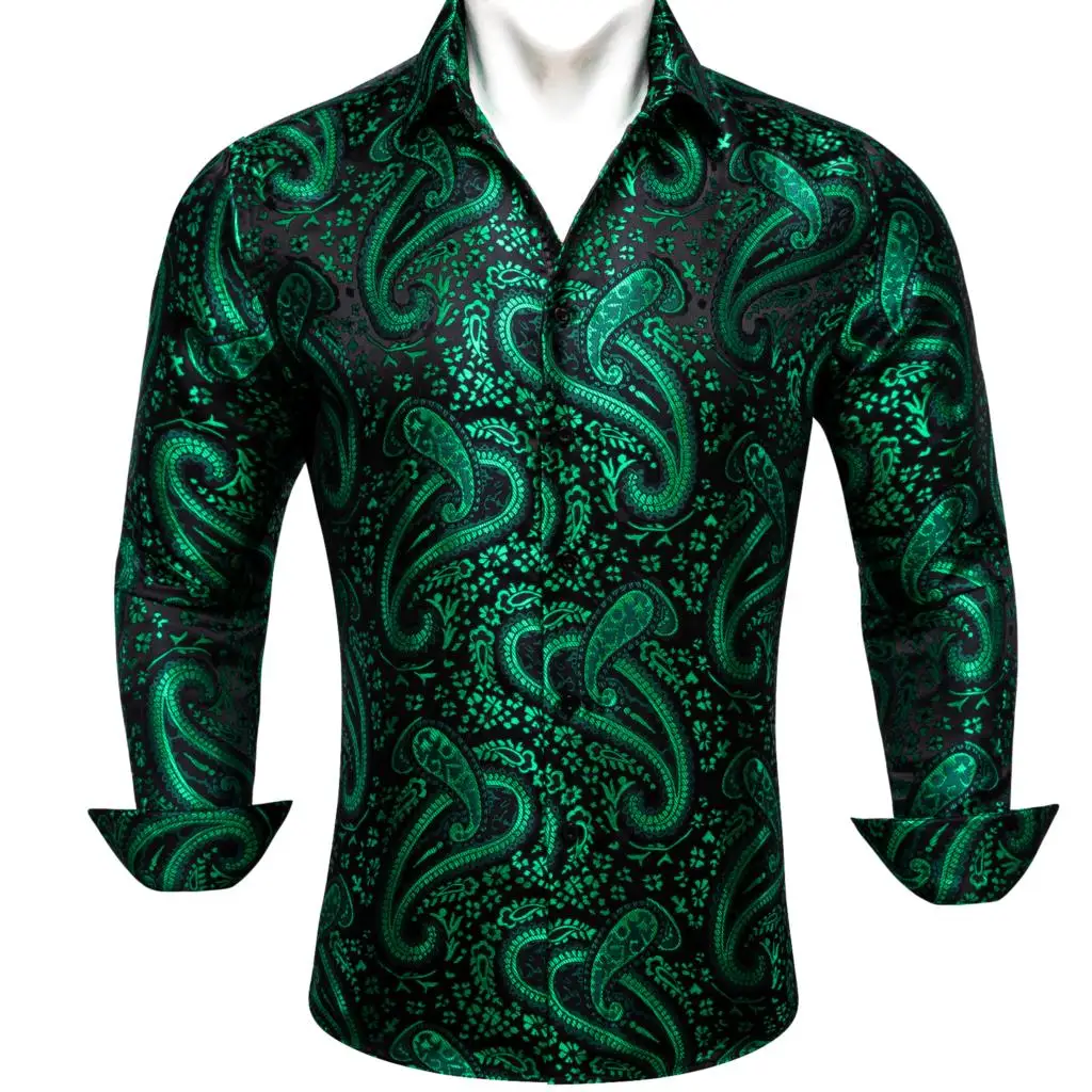 

Designer Mens Shirts Silk Long Sleeve Green Black Paisley Embroidered Slim Fit Male Blouses Casual Breathable Tops Barry Wang