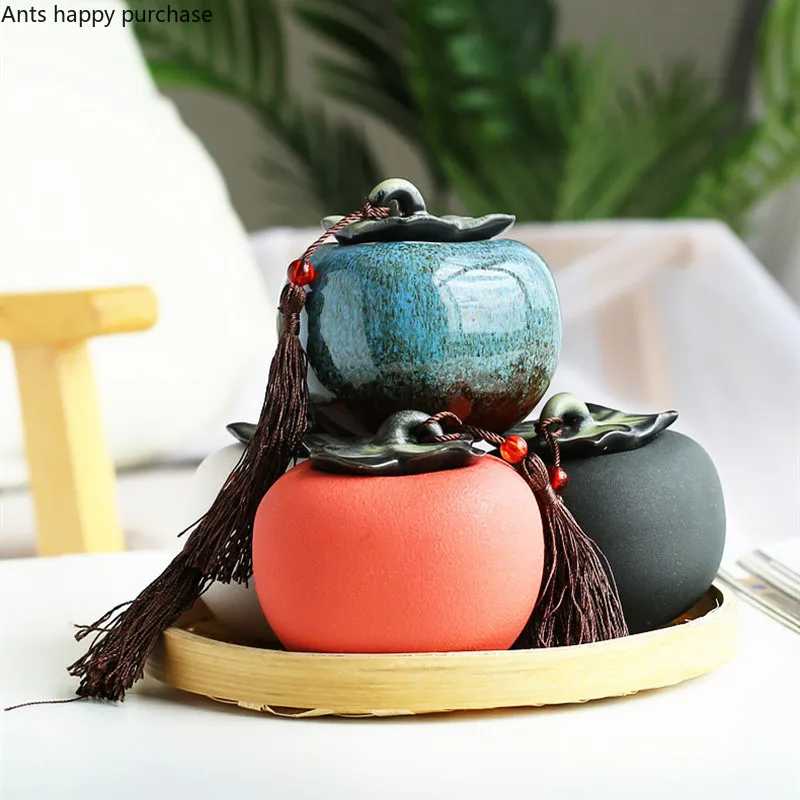Persimmon Storage Tank Ceramics Tea Pot with Cover Small Portable Sealed Jar Tea Storage tea canister ceramic storage jar Home Desktop Decorative Cans Teaware