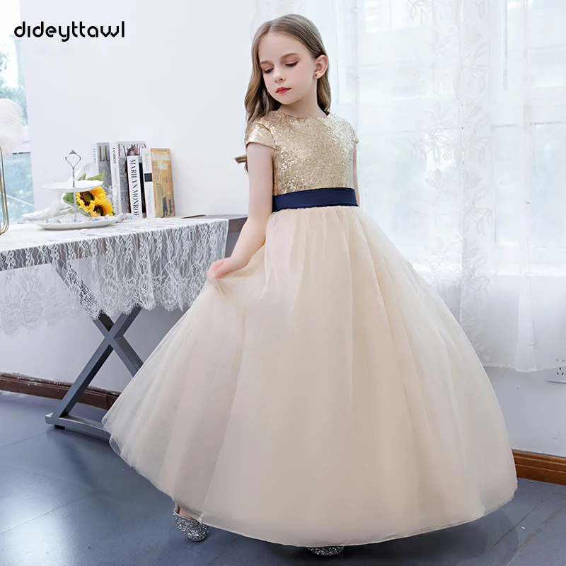 

Dideyttawl Long Sequined Flower Girl Dress Tulle Short Sleeves Evening Party Dresses Junior Bridesmaid Girls Birthday Gowns