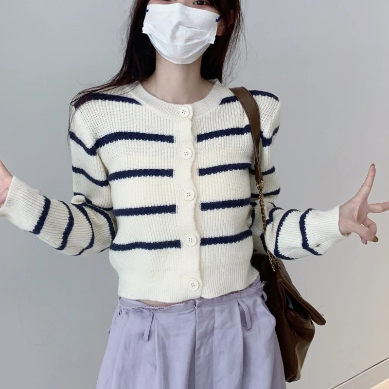 

Striped Knitting Cardigan Women's Single Breasted Long Sleeve Top 2023 Spring Autumn Fashion Women Cropped Cardigan Sweater Coat