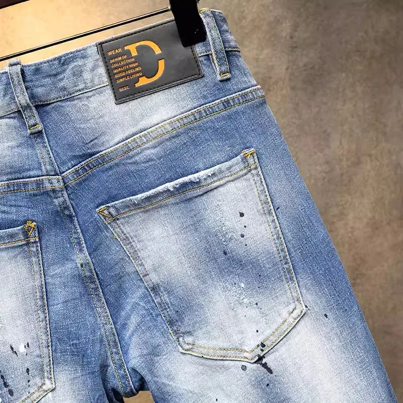 Streetwear Fashion Men Jeans Retro Light Blue Stretch Skinny Fit Ripped Jeans Men Painted Designer Hip Hop Vintage Denim Pants