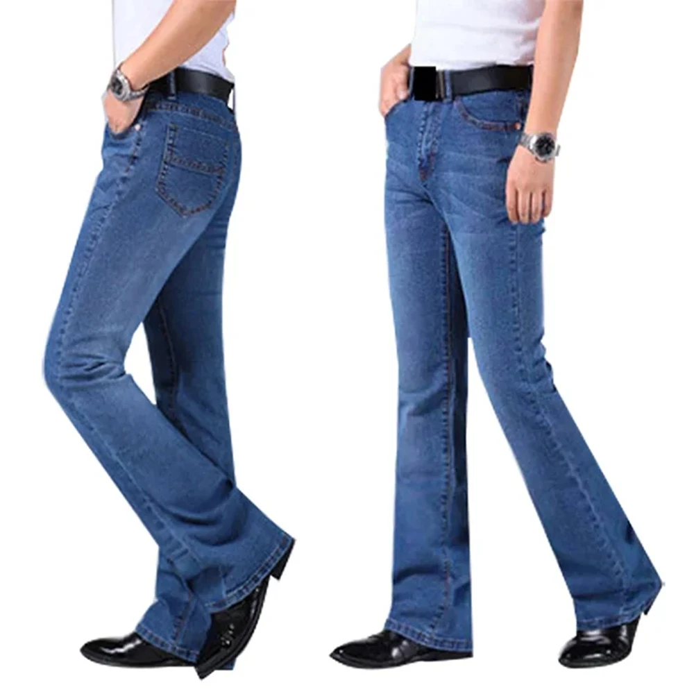 Mens Bell Bottom Jeans Stretch Retro Flared Denim Pants Slim Fit High Waist  Long