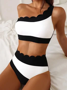 Sexy bikini patchwork bianco nero donna volant monospalla push up costume da bagno a vita alta costume da bagno estivo costumi da bagno per le vacanze 1