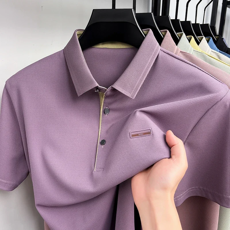Polo da Uomo Casual da Ufficio a Maniche Corte, in Jacquard a Nido d'Ape Traspirante, con Due Bottoni in Metallo, per Lavoro e Uso Quotidiano - immagine 6