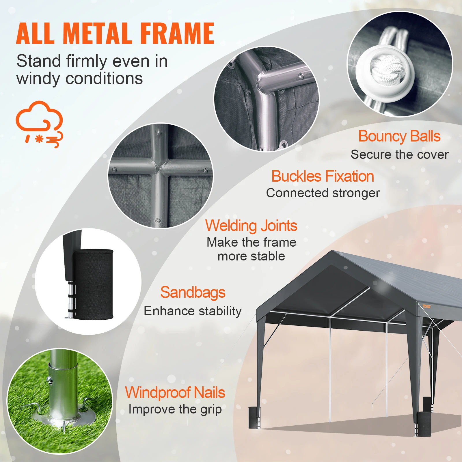 Waterproof Tarps VEVOR Carport 10x20ft Heavy Duty Car Canopy Garage 8 Reinforced Poles 4 Weight Bags UV Resistant