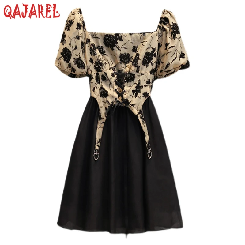 

Summer White Chiffon Patchwork Floral Fake Two Piece Dress Women New Square Collar Elegant Mini Dress 2024 Korean Bodycon Dress