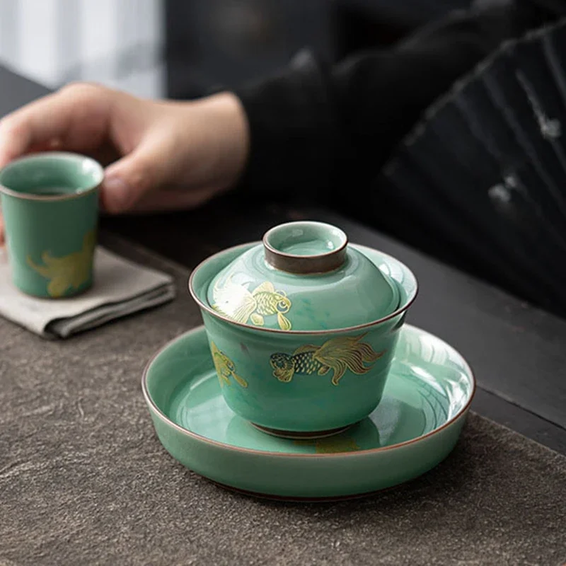 Lucky Celadon Vintage Lotus Butterfly Tureen Gaiwan Small Size Tea Brewing Bowl with Kettle Support Celadon Hand Drawn Goldfish