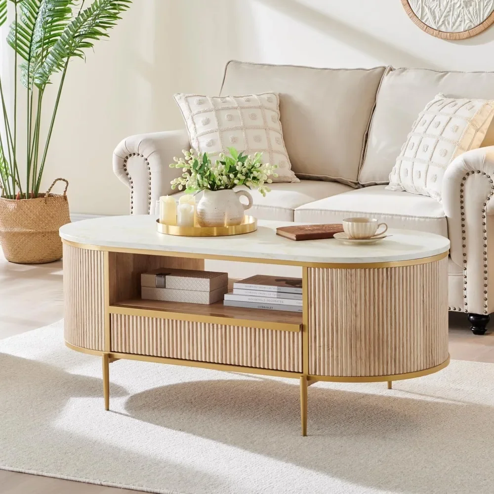 Coffee Table Luxury Fluted , 48" Oval Coffee Table Drawer, Faux Marble Top, Curved Profile Design, Gold Decor, Center