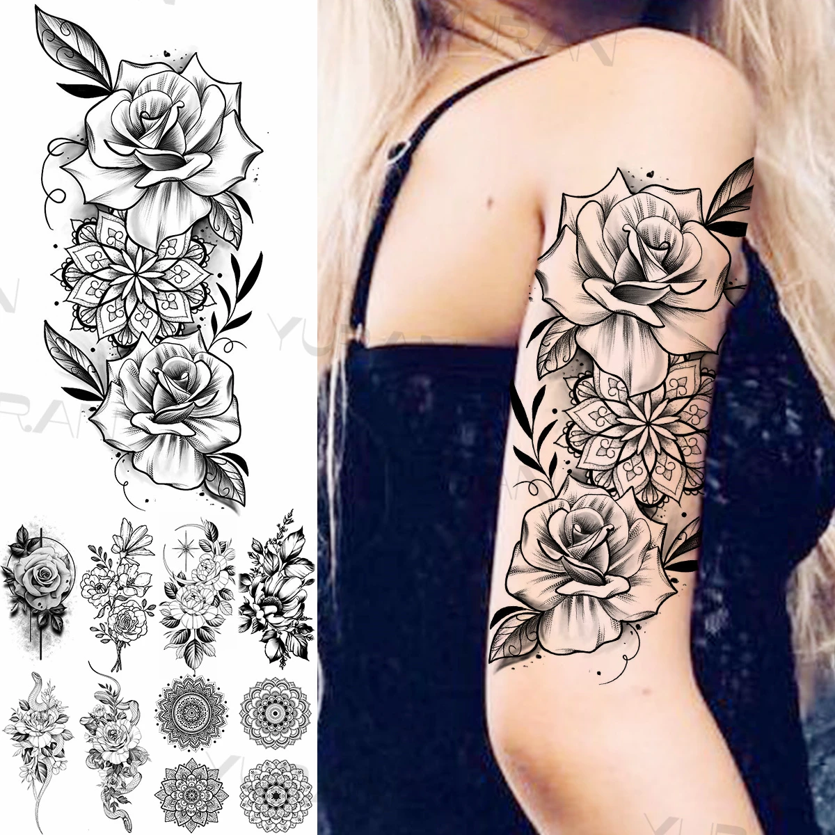 Tatouage Bras Femme Mandala Fleur Tatouages Temporaires À Fleurs Noires Pour Femmes Et Filles, Autocollant  Réaliste, Fleur De Mandala, Rose, Serpent, Faux Tatouage, Bras, Corps,  Flora - Temporaire Tatouages - AliExpress