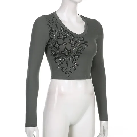 Graphic Print Gray T-shirt Harajuku Grunge V Neck Long Sleeve Pullover Tees E-girl Gothic Mall Goth Crop Top Women