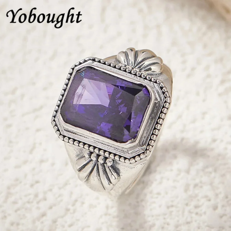 

S925 sterling silver charms rings for women men new fashion relief pattern inlaid square Natural amethyst jewelry free shipping