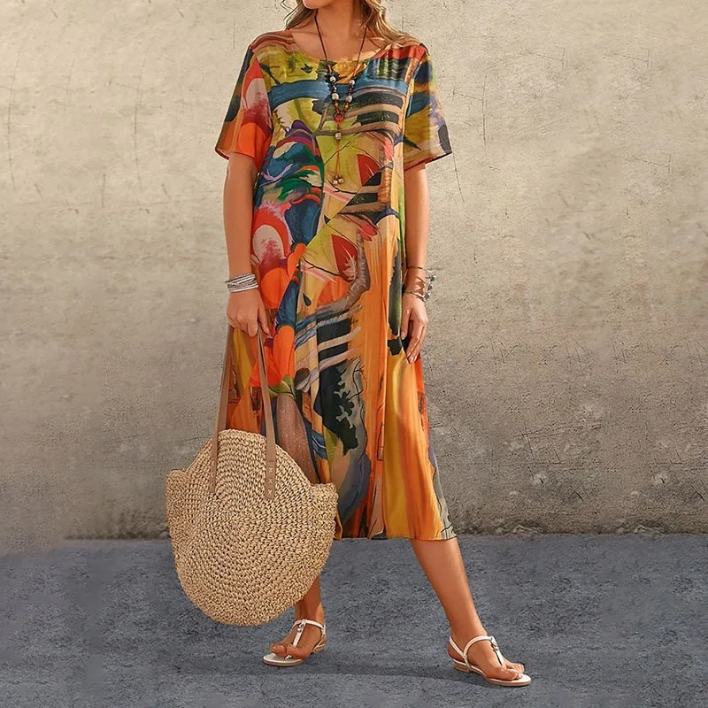 Bohemian Women Short Sleeve Midi Dress Summer O-Neck Mid Waist Full Art Print Mid-calf Length Dress Female Loose Casual Vestidos