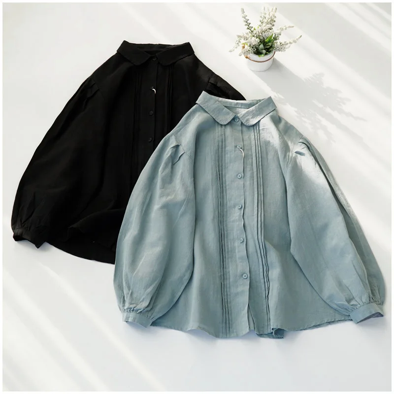 

Женская рубашка с рюшами, Повседневная белая блузка из хлопка и льна с длинным рукавом, на пуговицах, одежда в Корейском стиле, новинка 2023