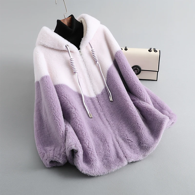 

Женская куртка из овечьей шерсти, куртка из натуральной овечьей шерсти с капюшоном контрастных цветов, верхняя одежда, O557, зима 2023