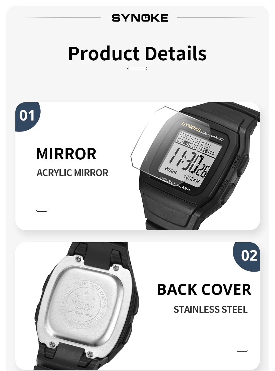 Synoke digitaluhr student elektronische outdoor sport junge leuchtende wasserdichte multifunktion uhr retro quadratische uhr – Detail 10