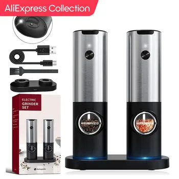 AliExpress Collection 전기 소금 연마기 세트, USB 충전식 전기 후추 밀, LED 조명, 굵기 조절 가능 주방 도구