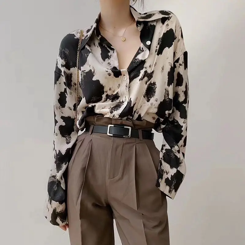 Summer Oversized Women's Long-sleeved Leopard Print Shirt Versatile Design Sense Fashion Trend Casual Korean Version Commuting