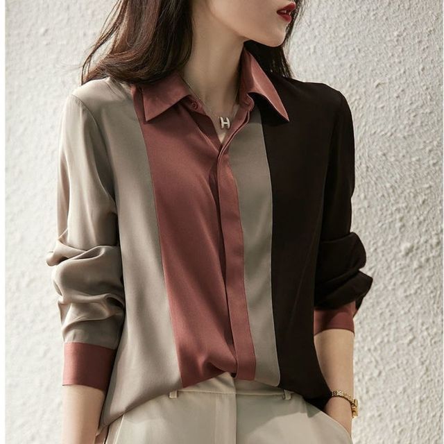 Patchwork Striped Chiffon Women Shirt 2022 Spring New Office Lady Casual Commuter Lapel Long Sleeve Button Blouse Female