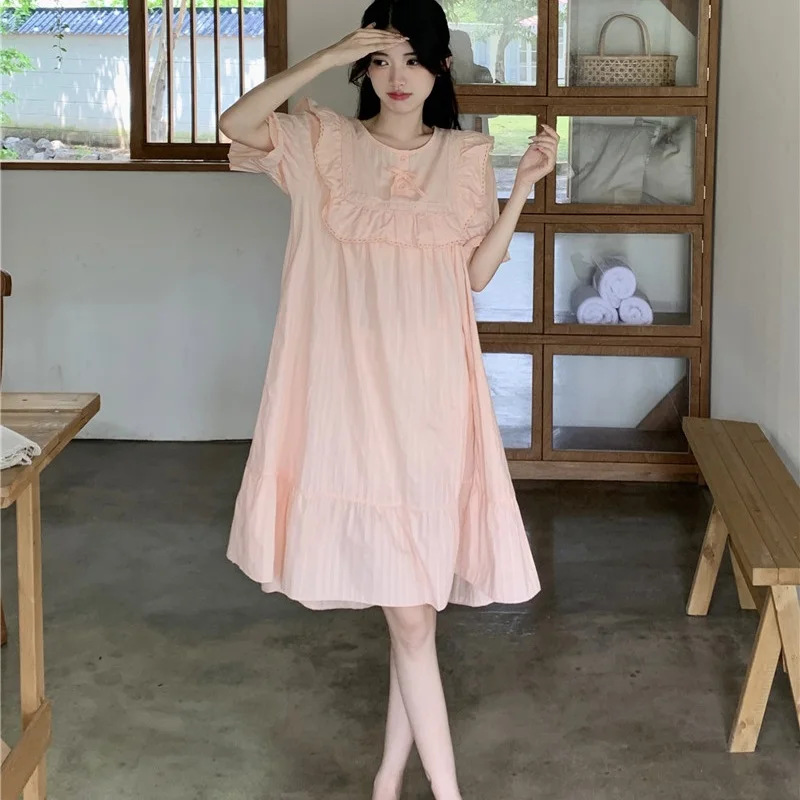 

Korean Princess Lace Pink Nightgown Women Short Sleeve Sleepdress 100% Cotton Soft Midi Nightdress Cute Home Clothes S227