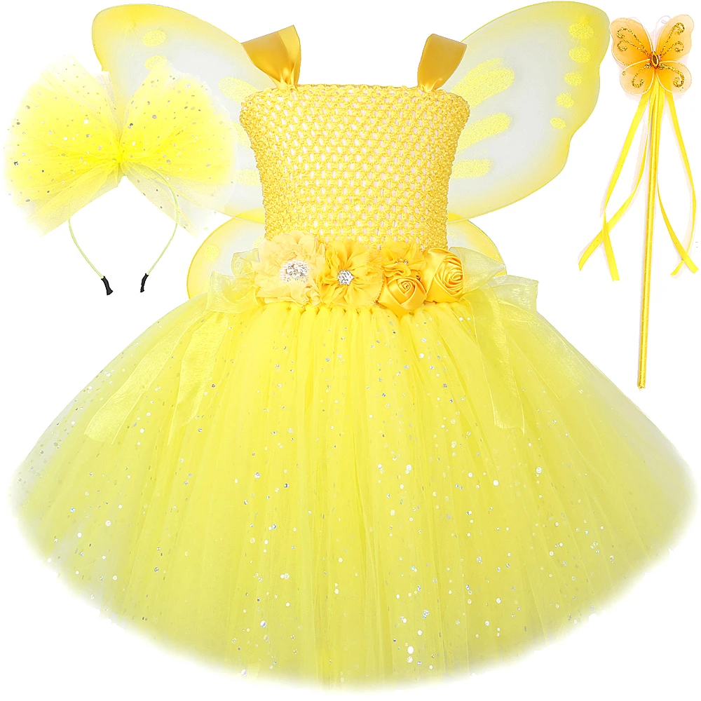 

Sparkling Yellow Fairy Costume for Girls Christmas Halloween Angel Elf Princess Dresses with Wings Set Kids Birthday Tutu Outfit