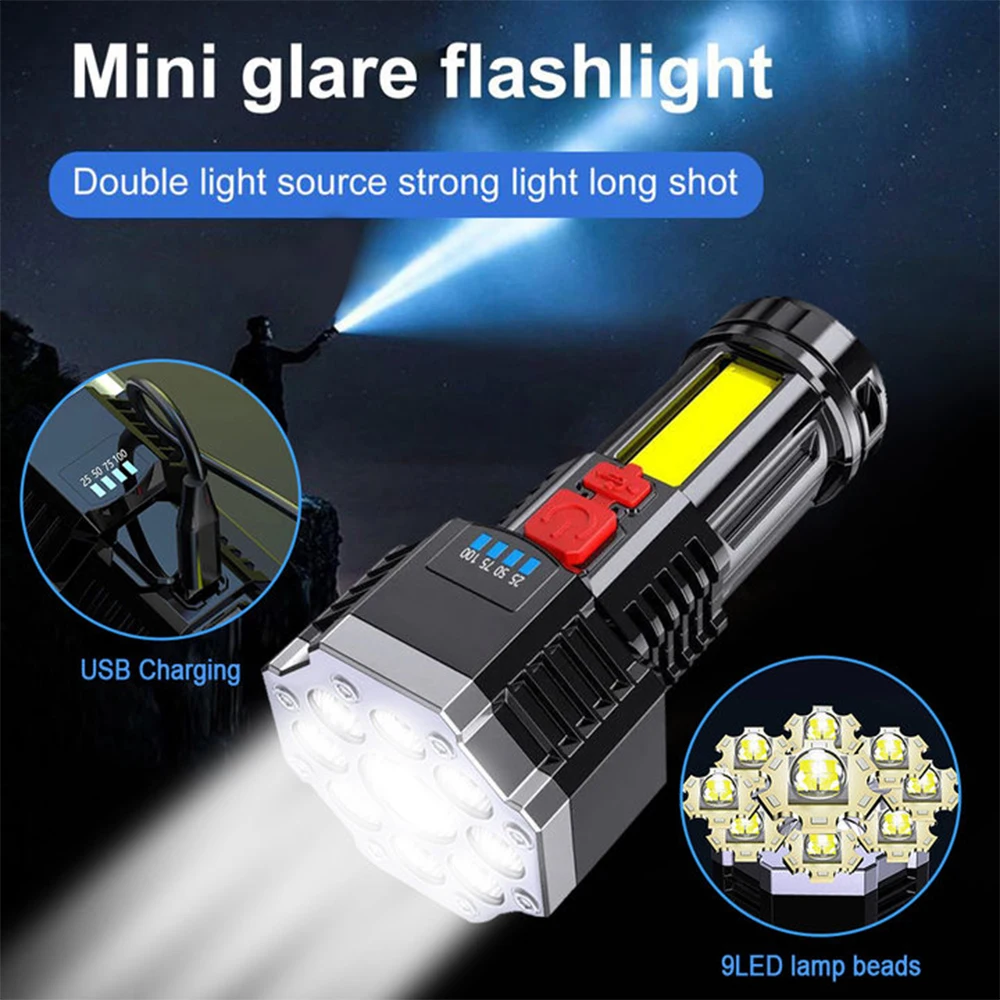 

9 LED Super Bright Flashlight Rechargeable Outdoor Multi-function LED Long-range Spotlight COB Light USB Rechargeable Torch