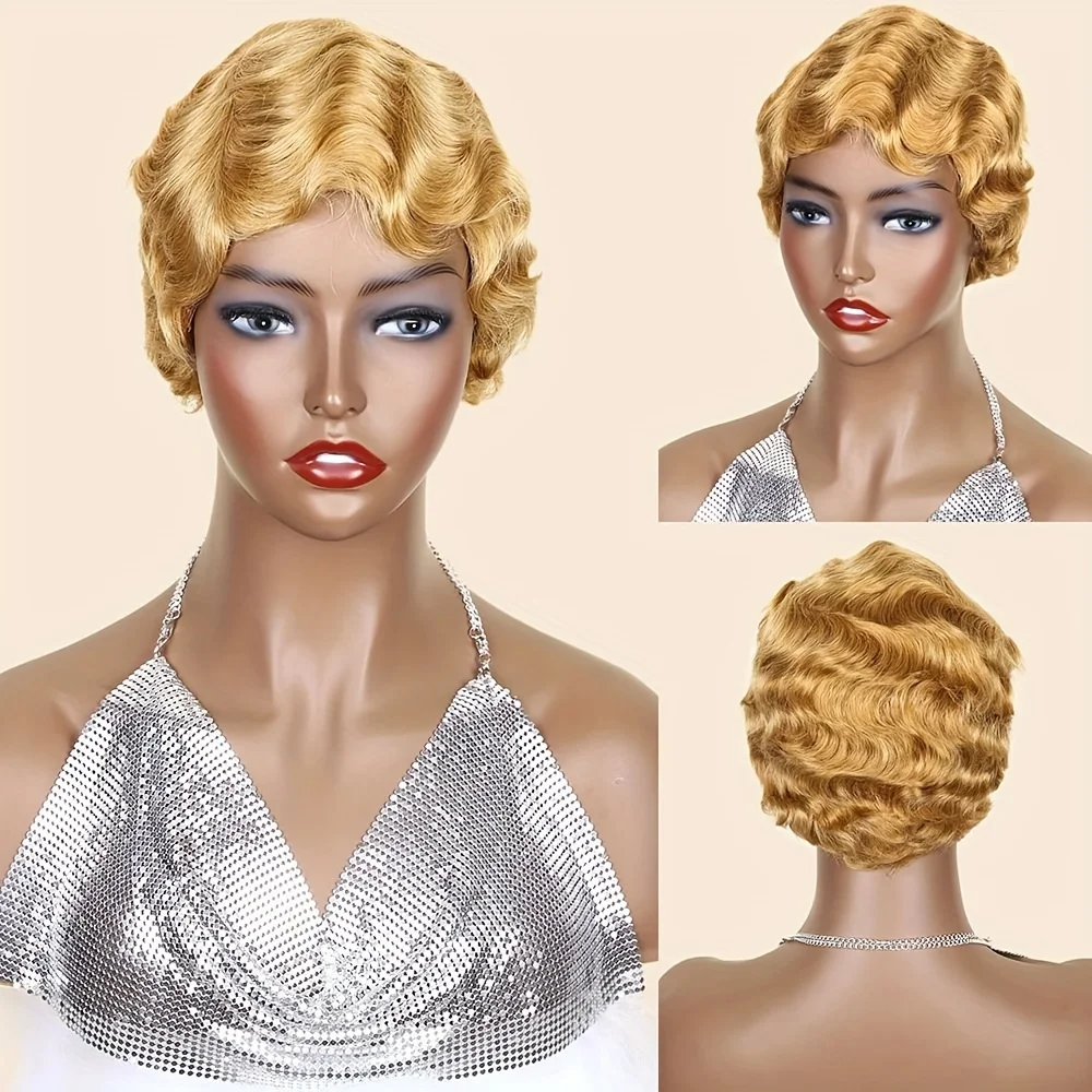 Short Pixie Cut Wig Human Hair Blonde Burgundy For Black Women Wig Brazilian Human Hair Wigs Machine Made Finger Ocean Wave