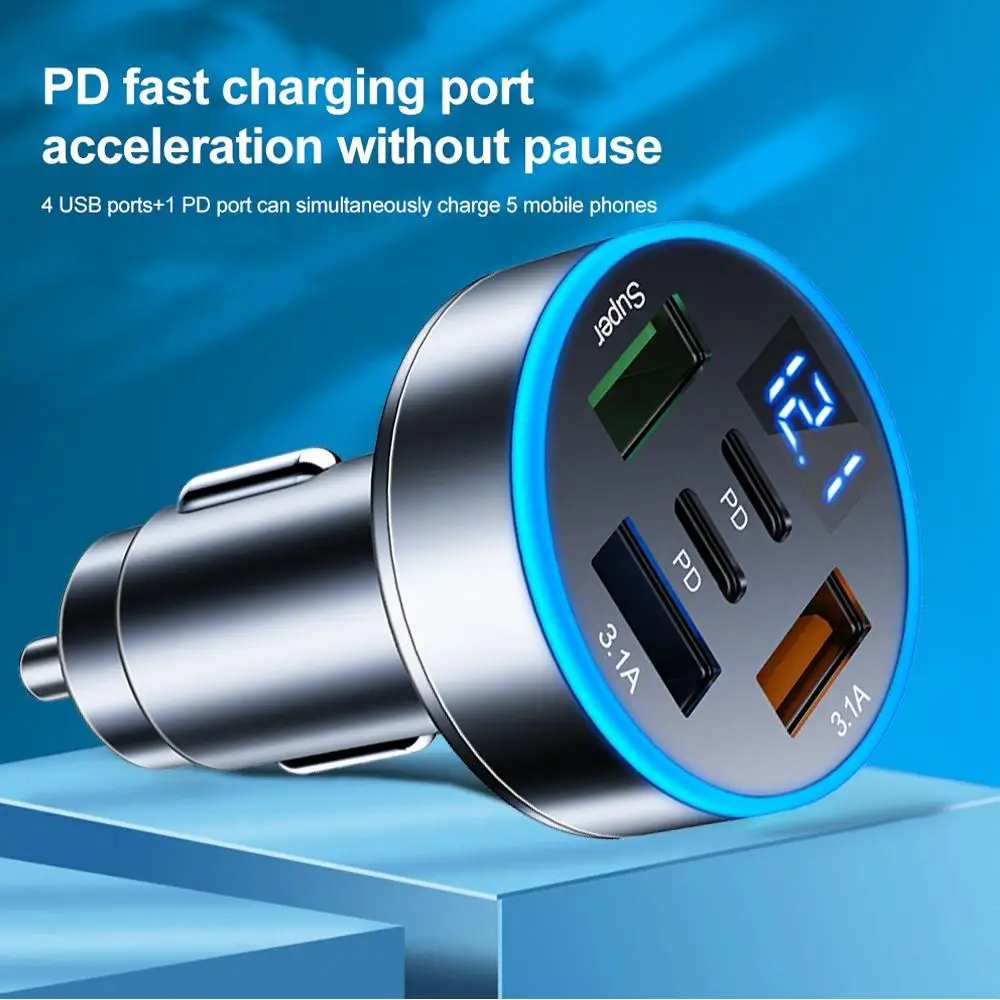 Adattatore per caricabatterie da auto QC3.0 5 in 1 con doppia porta PD e ricarica rapida USB con display di tensione per iPhone, Samsung, Huawei_voghion.com