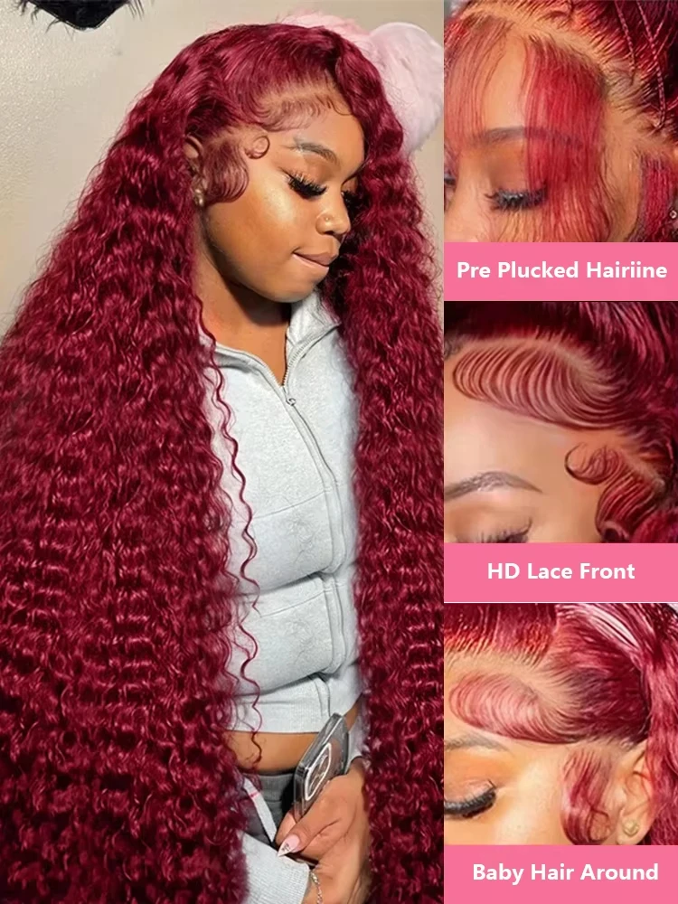 13x4 13x6 Burgundy Deep Wave Frontal Wig Curly Wigs Human Hair Hd Colored 99J Red Lace Front Human Hair Wigs For Black Women