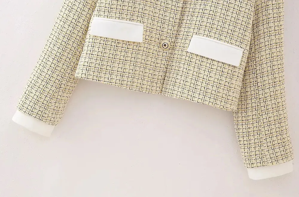 TRAF Women Blazers Fashion with Pockets Tweed Cropped Blazer Coat Vintage Long Sleeve Front Button Female Outerwear Chic Tops