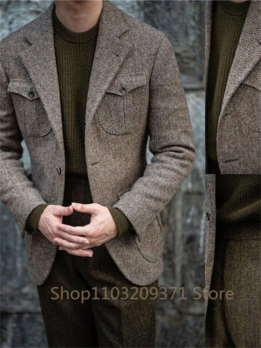 1 Piece Brown Business Suits Men Herringbone Notch Lapel Tuxedo Wedding Prom Party Grooms Blazer Masculino