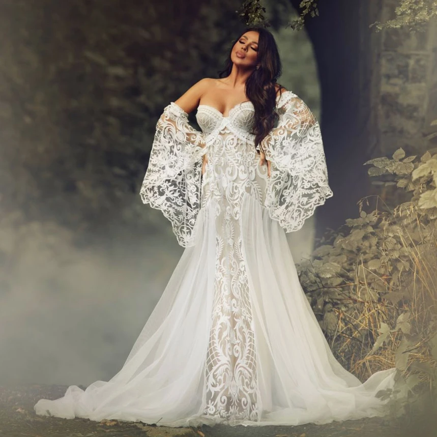 

Bohemian Off Shoulder Maternity Photoshoot Robes Puffy Long Sleeves Pregnant Women Dresses Sexy Lace Appliqued Baby Shower Gowns