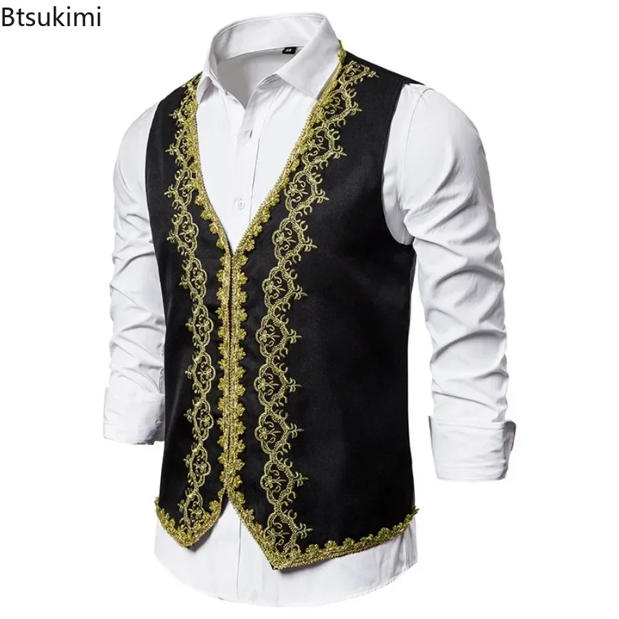 New Stylish Gold Embroidery Baroque Vests Men's Slim Palace Banquet Clothing Waistcoat Men Stage Prom Drama Opera Costume Gilet dress vests