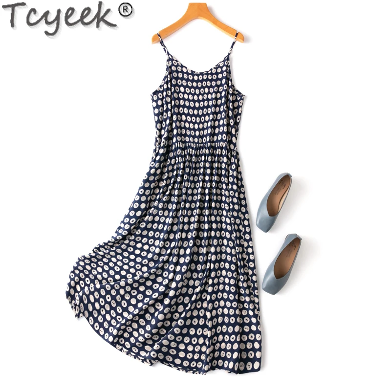 

Tcyeek 100% Mulberry Real Silk Dresses for Women Clothes Dot Print Summer Women's Dress 2024 Sling Sweet Dress Vestido Feminino