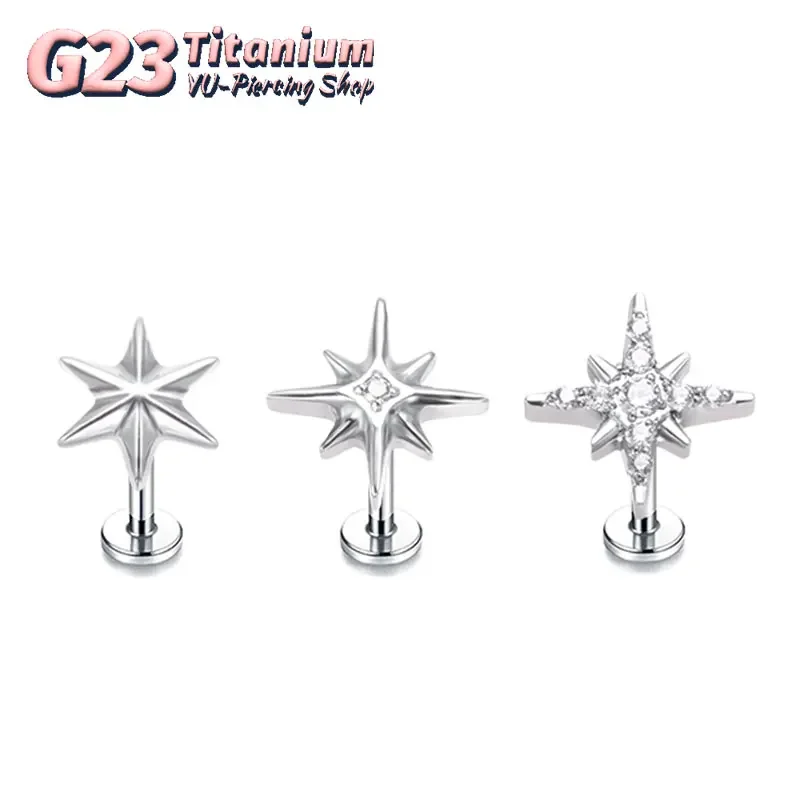 

F136 internal thread Titanium 16G Sparkling CZ North Star Stud Earring Labret Cartilage Tragus Helix Conch Lobe Piercing 2023