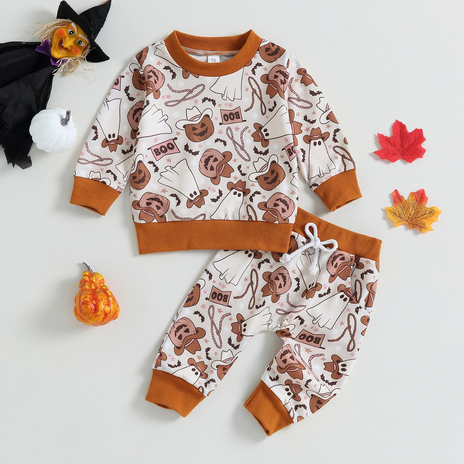 

BeQeuewll Toddler Girls Boys 2PCS Pants Sets For Fall Long Sleeve Cute Ghost Pumpkin Print Tops Drawstring Pants Sets