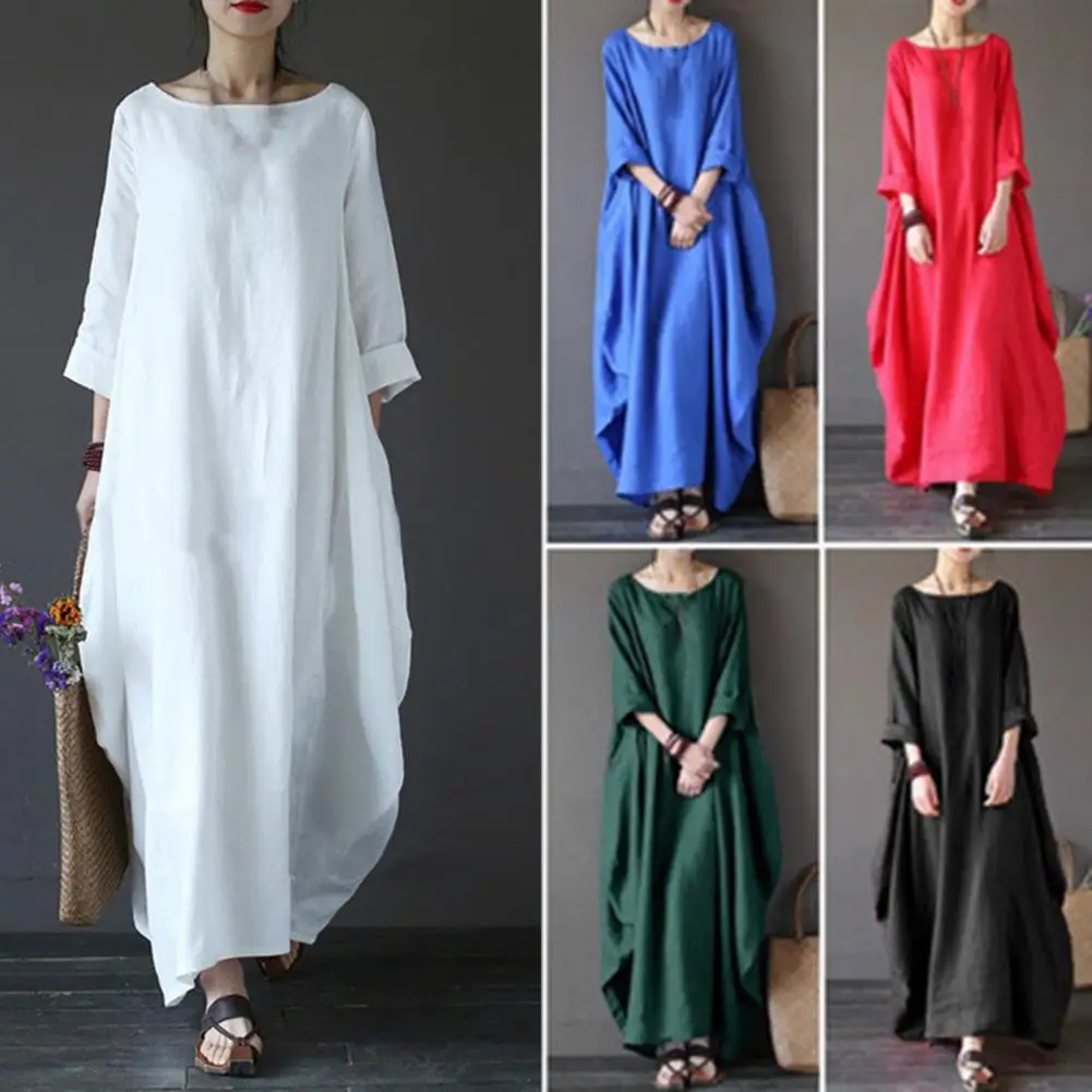 

Women Dress Vintage Round Neck Spring Dress Retro Three Quarter Sleeve Lady Dress For Daily Wear