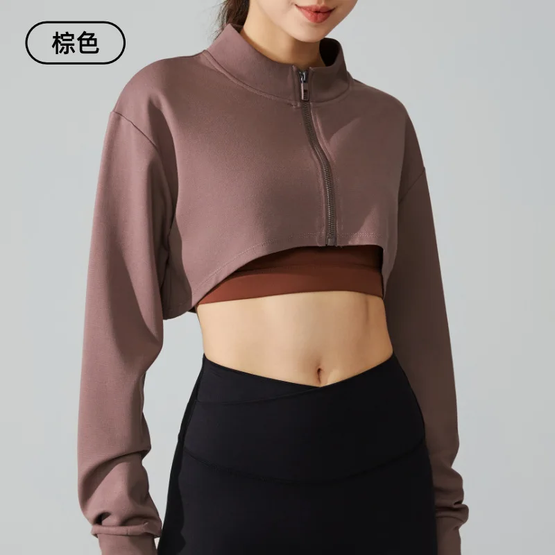 Long Sleeve Stand Collar Sports Jacket Women Yoga Gym Fitness Loose Zipper Sexy Crop Top Skin-friendly Breathable Soft Top