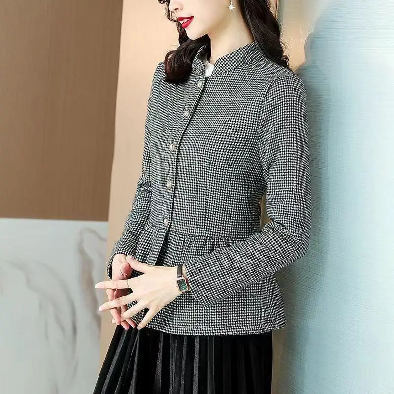 Spring and Autumn Women's Thousand-Bird Plaid Coat Casual Versatile Slim Woolen Top