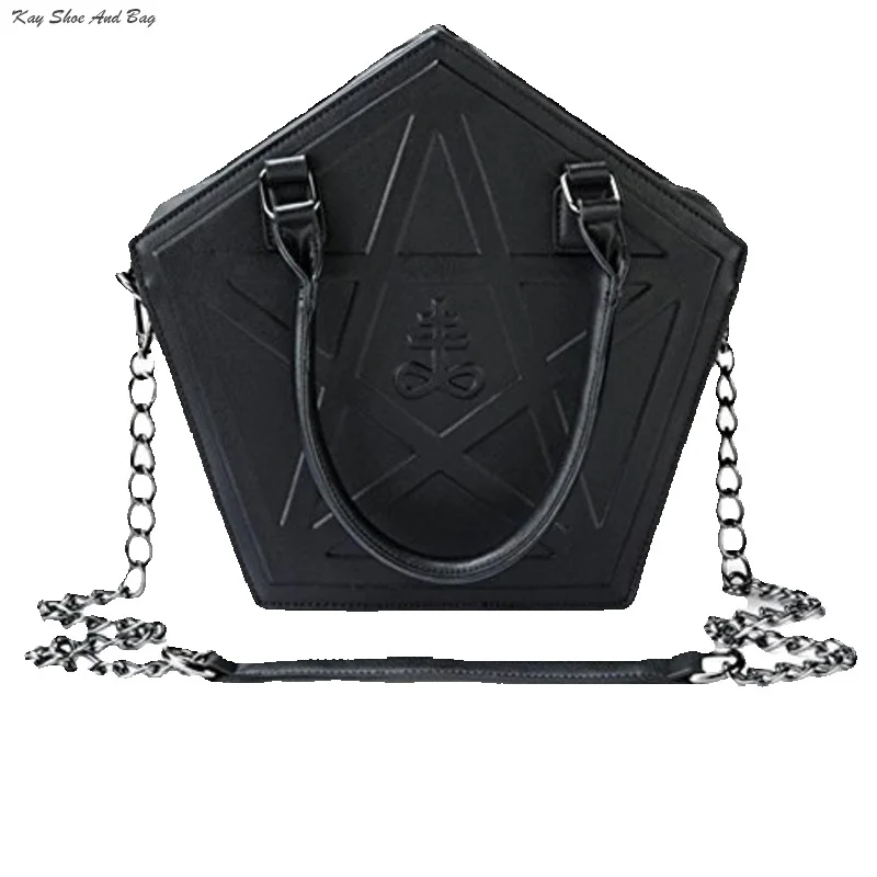 

Pentagram Punk Darkness Gothic Star Handbag Women Girl Black PU Soft Leather Shoulder Bag With Chain High Quality